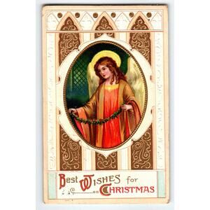 Vintage Christmas Angel Postcard Embossed Gold & Red 1913 Holiday
